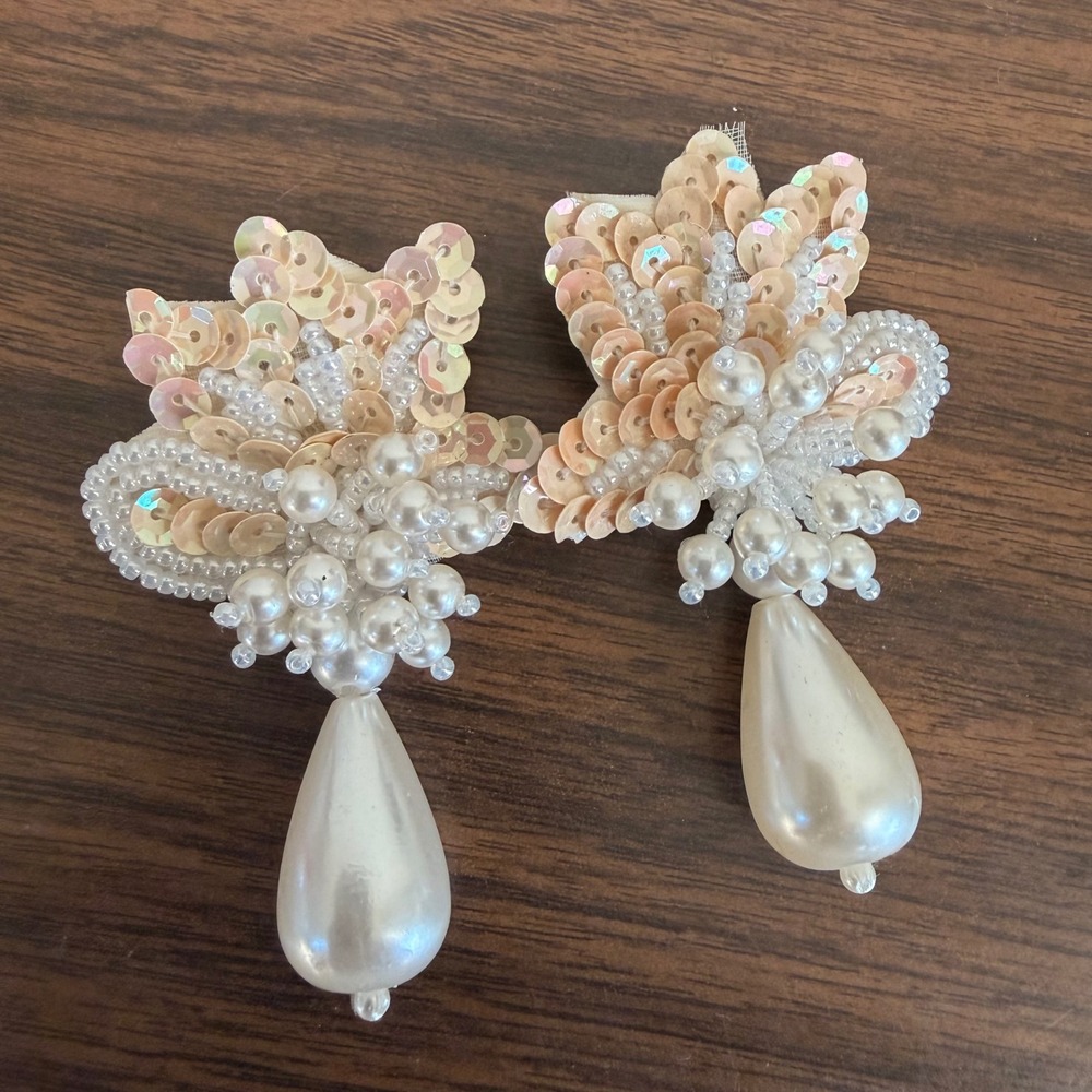 Vintage 80's Faux Pearl Sequin Beaded Waterfall Statement Earrings Bridal White